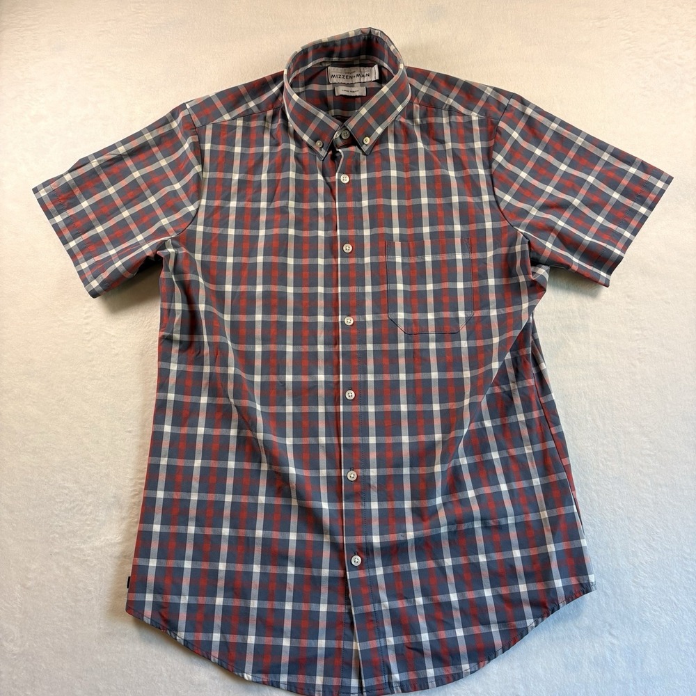 Mizzen Main Leeward Shirt Mens Large Trim Fit Red Gray Plaid Short Sleeve